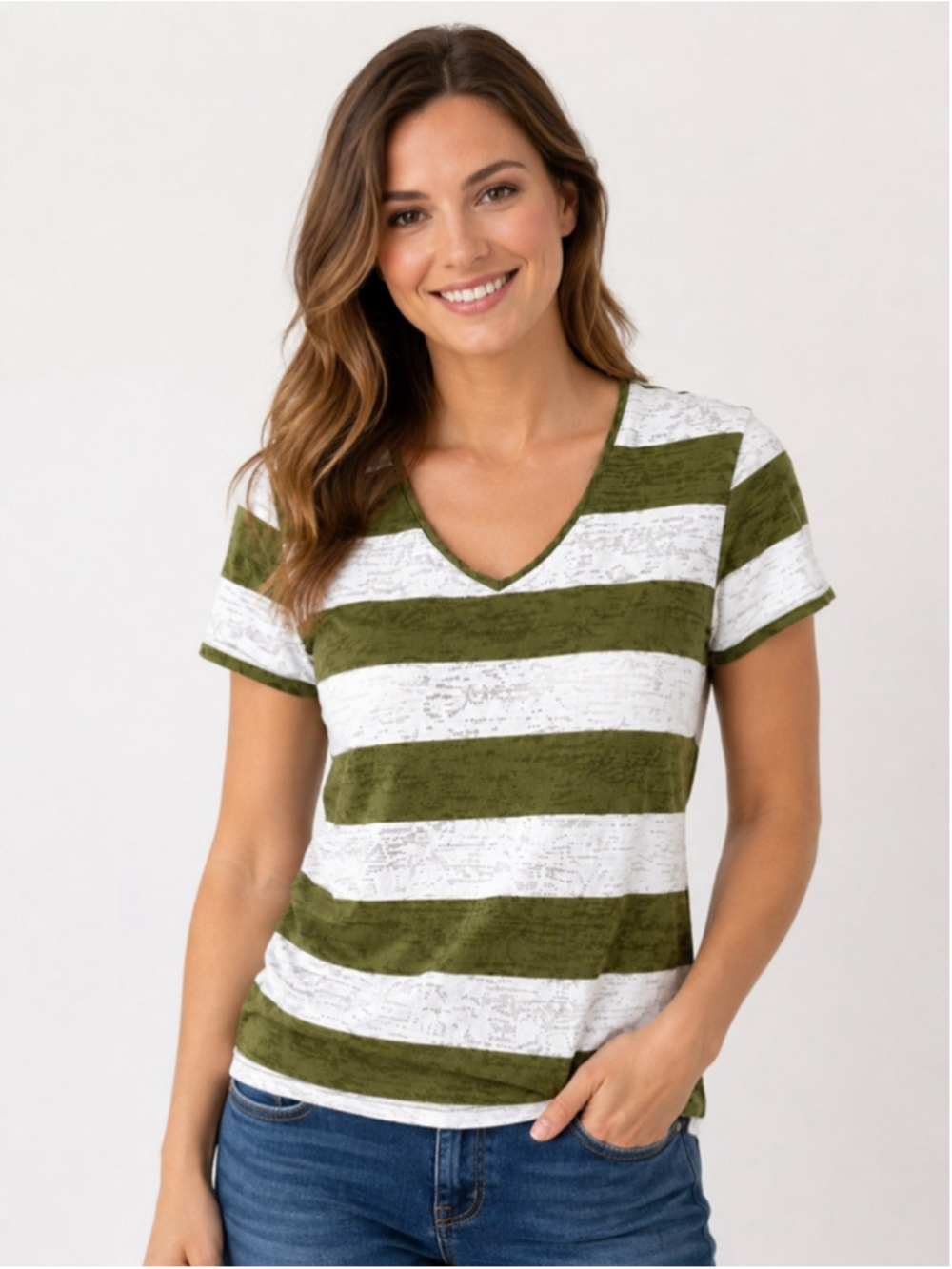Cato Olive Green & White Striped Burnout V-Neck Tee – Size S